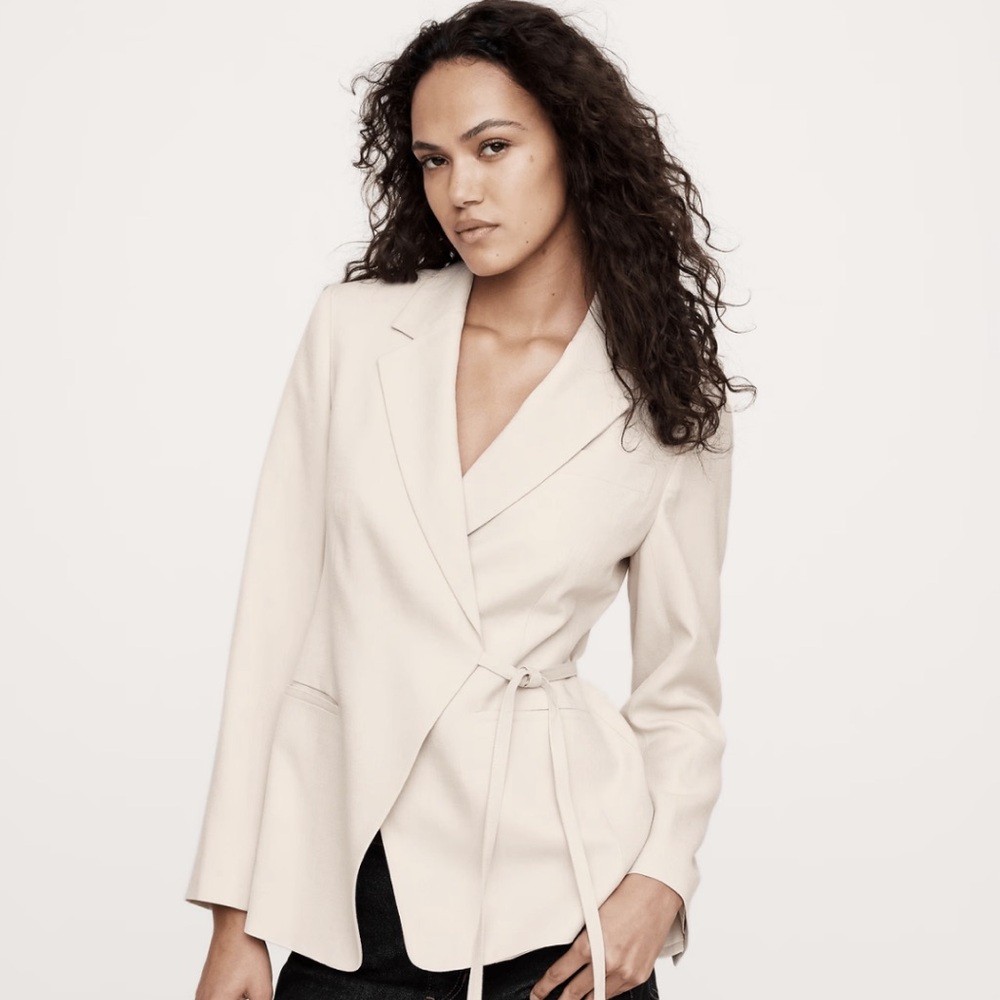 AMBITION NEW YORK BLACK LIGHTWEIGHT LONG SLEEVE FRONT WRAP TOP BLAZER SZ 10